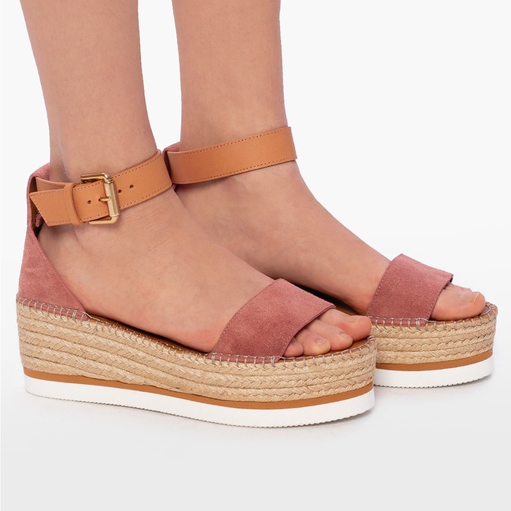 SEE BY CHLOE GLYN PLATFORM ESPADRILLE SANDALS PINK SUEDE & TAN LEATHER SIZE 42 - Picture 7 of 9